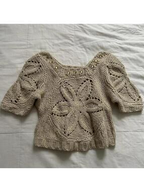 Axes Femme cream chunky knit top with gold rhinestone beads